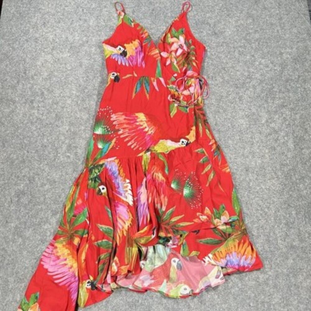 Farm Rio Dress Womens S Red Parrot Floral Beaded Hi Low Tropical Flare